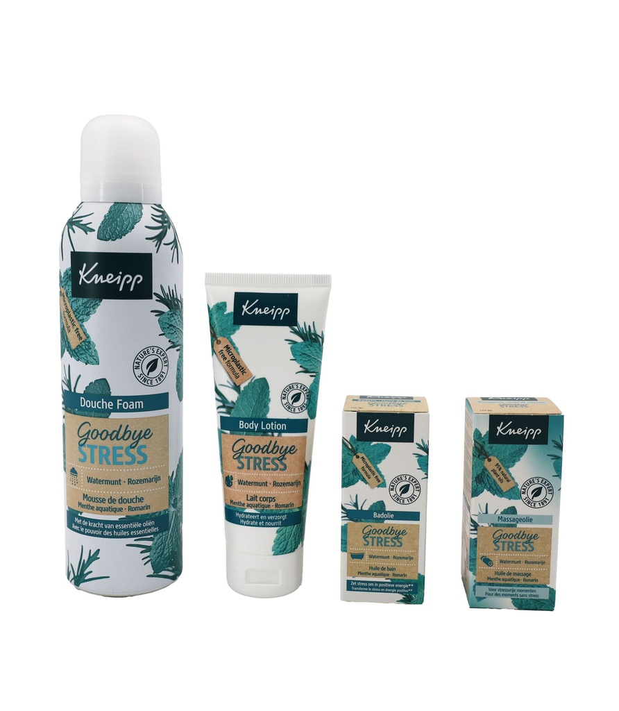 Kneipp Geschenkset Goodbye Stress 4tlg Wasserminze Rosmarin Duschschaum Bodylotion Badeöl Massageöl