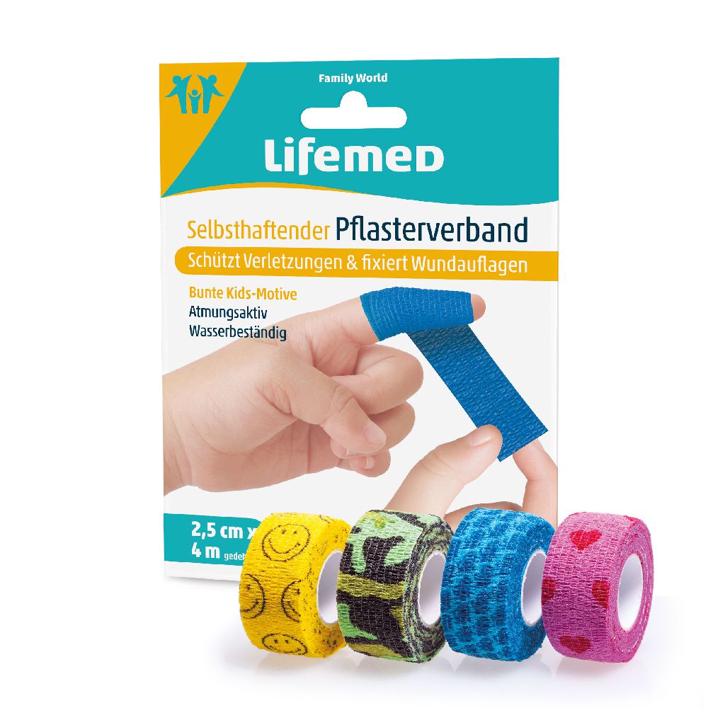 Lifemed Selbsthaftender Pflasterverband 4 m x 2,5 cm für Kinder.