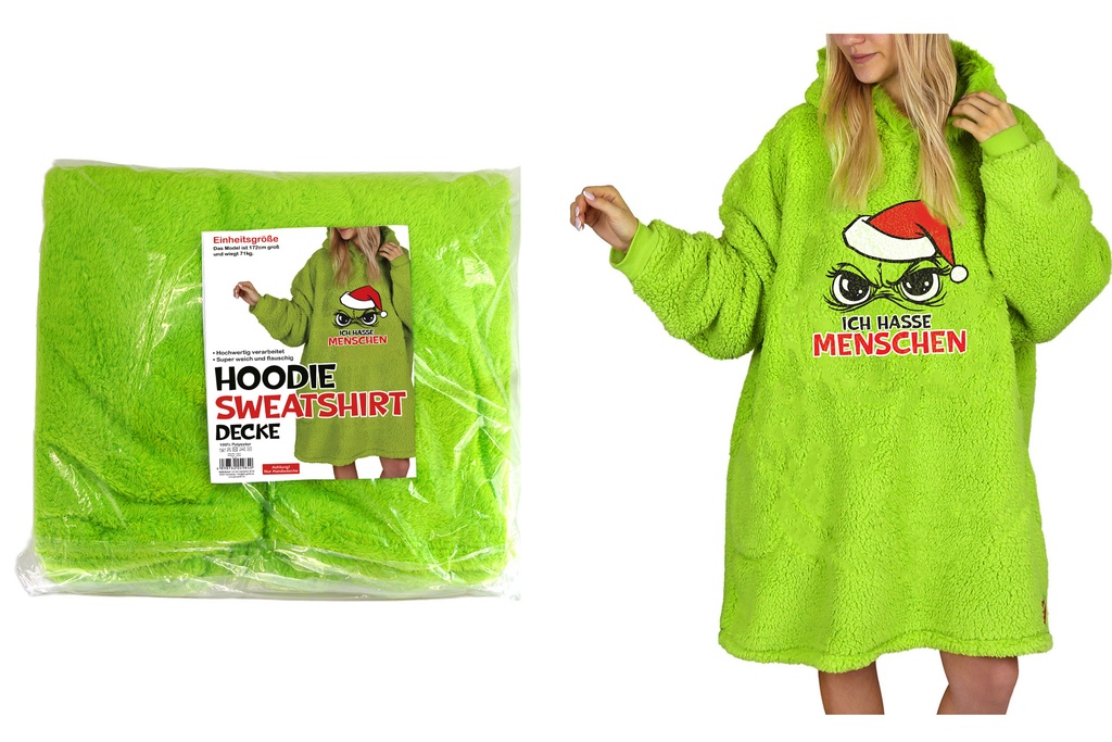 Hoodie Sweatshirt Decke Festtags-Muffel | Kuscheldecke zum Anziehen | 130×180 cm | Einheitsgröße | Grün | Weiche Fleece-Decke mit Kapuze für Weihnachtsmuffel & Anti-Weihnachten-Fans