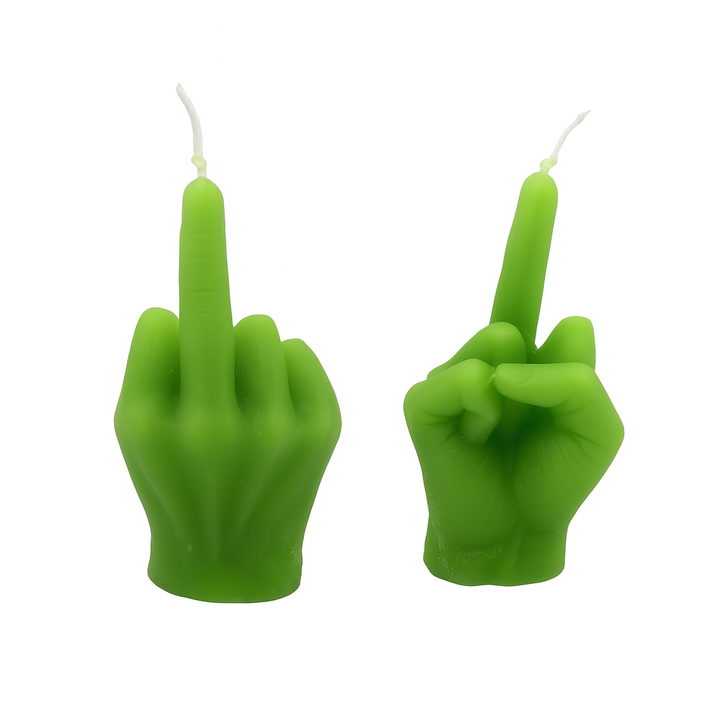 Kerze Festtags-Muffel Mittelfinger, 5×9,3 cm, grün | Lustige Anti-Weihnachten Deko & Geschenkidee für Weihnachtsmuffel & Wichtelrunden (Festtags-Muffel Serie)