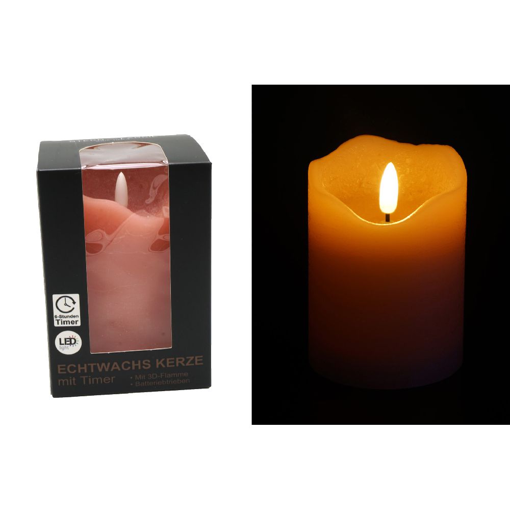 LED Echtwachskerze "3D Flamme" 7,5x12,5cm mit Timer, rose 