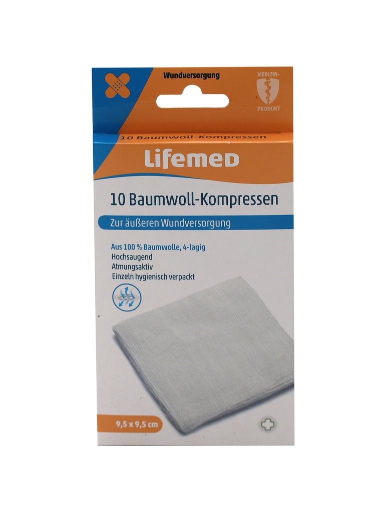 10 Stück "Lifemed" Baumwoll-Kompressen 9,5 cm x 9,5 cm weiss 4-lagig