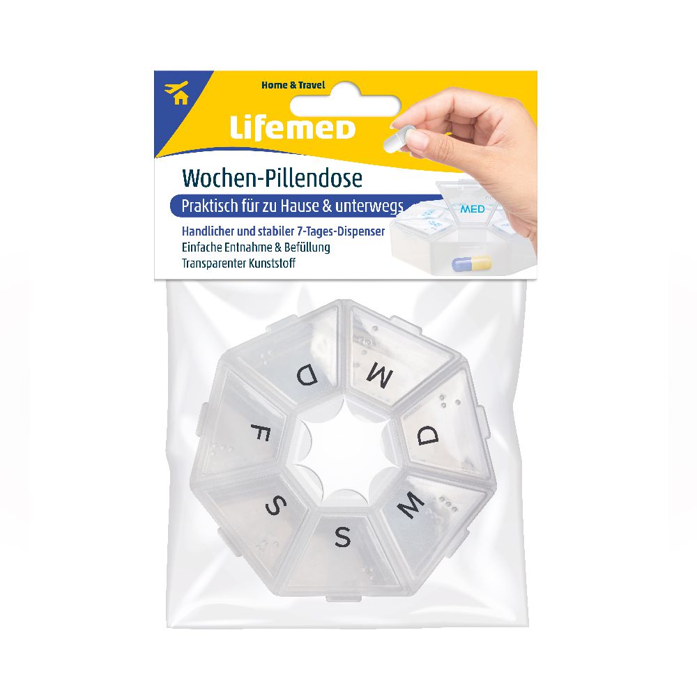 Lifemed Wochen-Pillendose transparent 2-farbig sortiert 75 x 75 x 15 mm