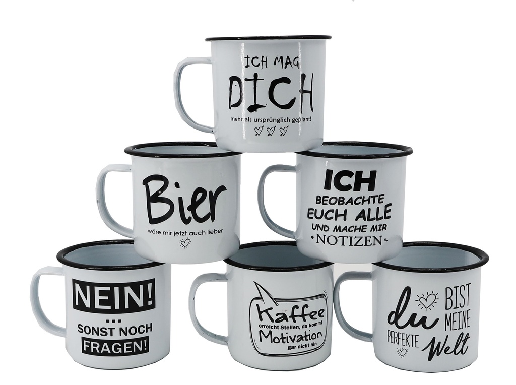 Metalltasse "Retro" 350ml, mit Spruch, 6 Designs