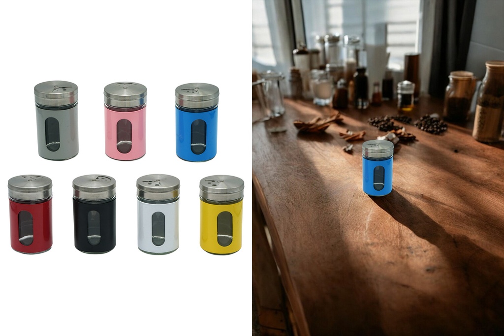 Gewürzstreuer Glas in Edelstahlhülle bunt sortiert, 8cm x Ø 4,8cm