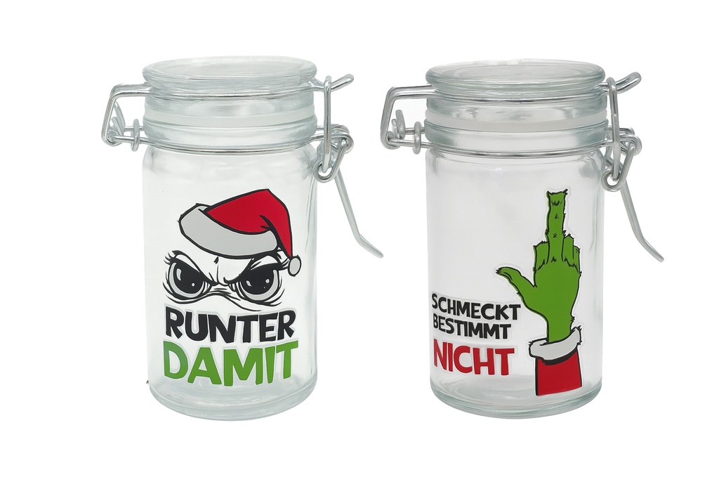 Einmachglas Festtags-Muffel mit Bügelverschluss | 70 ml Glas mit Spruch – Lustiges Anti-Weihnachten Geschenk & Wichtel-Deko für Weihnachtsmuffel