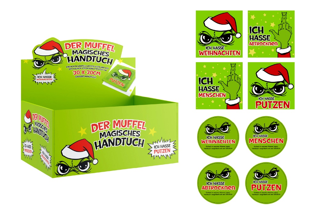 Magisches Handtuch Festtags-Muffel 30x30cm, 4 Designs | Anti-Weihnachten für Weihnachtsmuffel, Xmas-Muffel