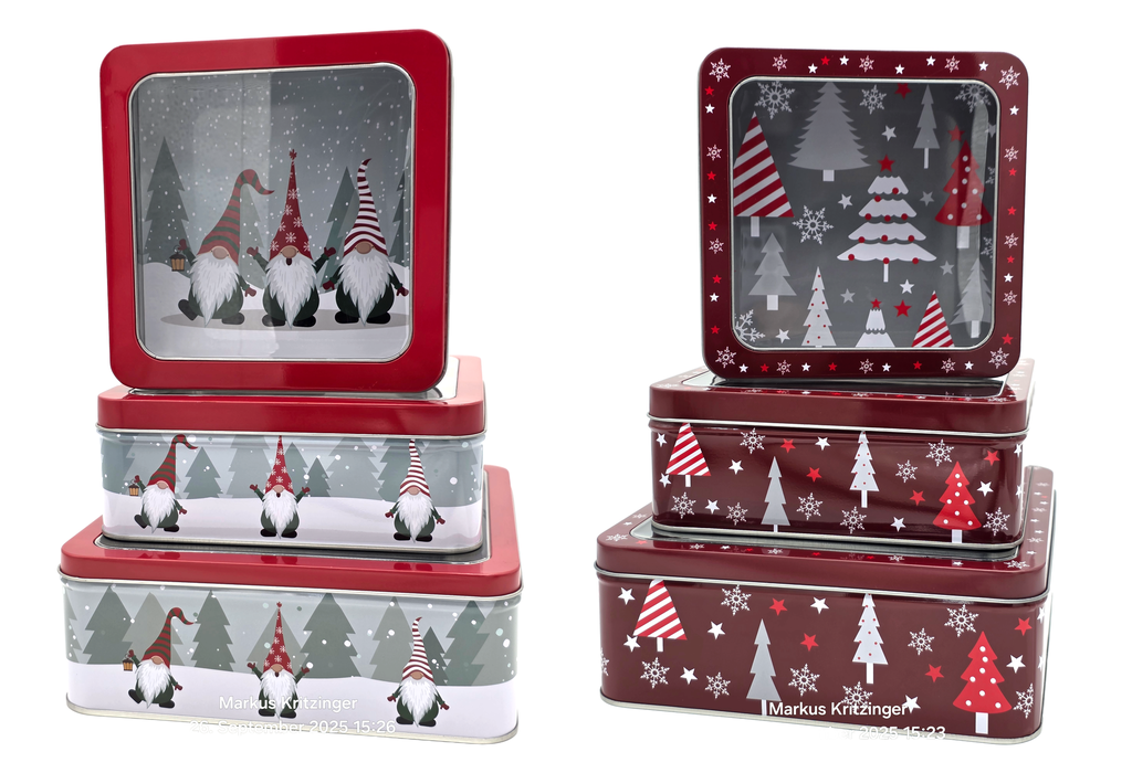 Gebäckdosen 3er-Set – Quadratisch, weihnachtliche Designs, mit Motiv-Boden Durchsichtiger Deckel