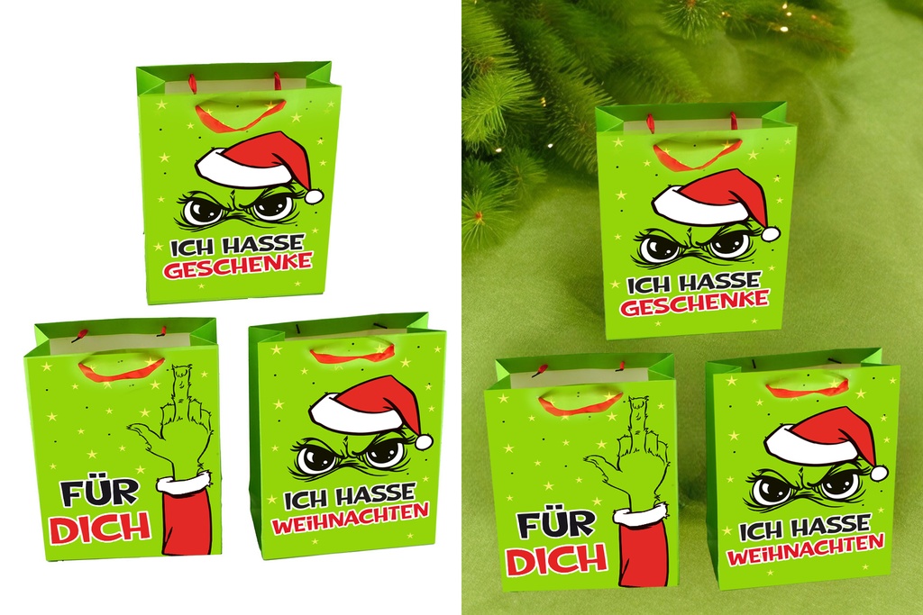 Geschenktüte Weihnachten Festtags-Muffel 30 × 40 × 12 cm – Lustige Anti-Weihnachten Geschenkverpackung | Witzige Tasche für Weihnachtsmuffel & Wichtelpartys | 3 Designs