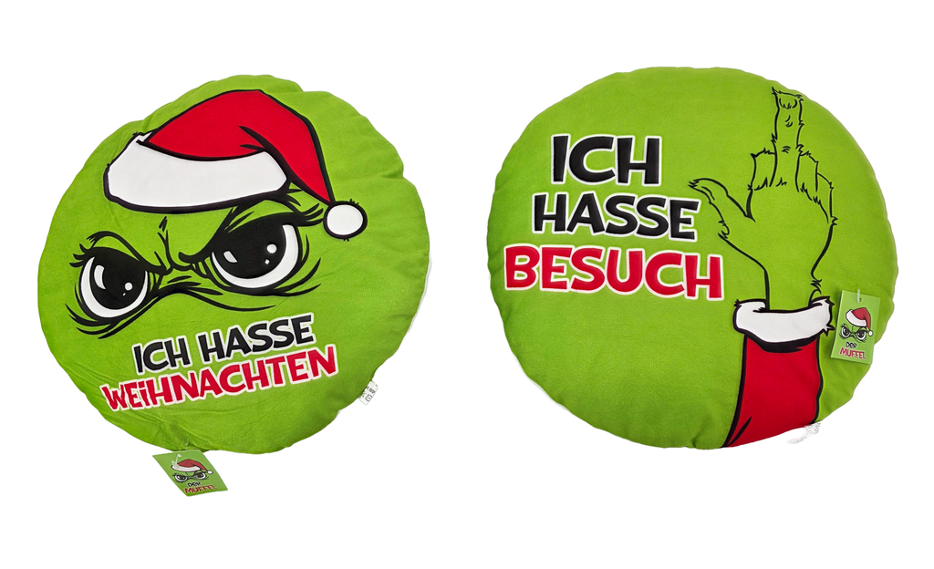 Kissen "Festtagsmuffel" Plüsch, Durchmesser 30cm | Anti-Weihnachten für Weihnachtsmuffel, Xmas-Muffel & Weihnachts-Hasser