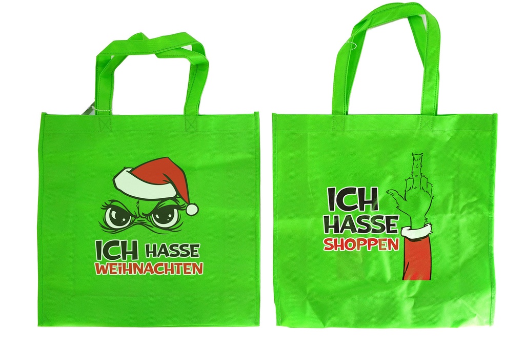 Tasche Festtags-Muffel | 39 × 11,5 × 38 cm | 2 Designs | Grün | Anti-Weihnachten Einkaufstasche für Weihnachtsmuffel & Humor-Fans