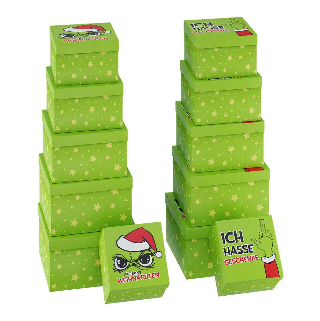 Geschenkboxen Festtags-Muffel | 6er-Set (6 Größen) | 2 Designs | Lustige Anti-Weihnachten Geschenkverpackung für Weihnachtsmuffel, Wichtel & Anti-Xmas-Fans