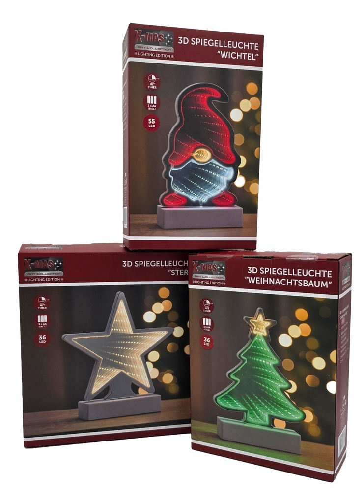 Weihnachts 3D-Spiegelleuchte LED H x 21 cm, 3 Modelle mit Timer, batterieb.