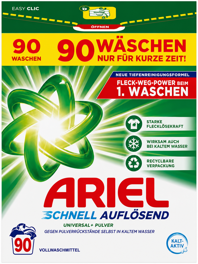 Ariel Schnell Auflösend Universal+ Vollwaschmittel Pulver für 90 Waschgänge mit Kalt-Aktiv-Formel