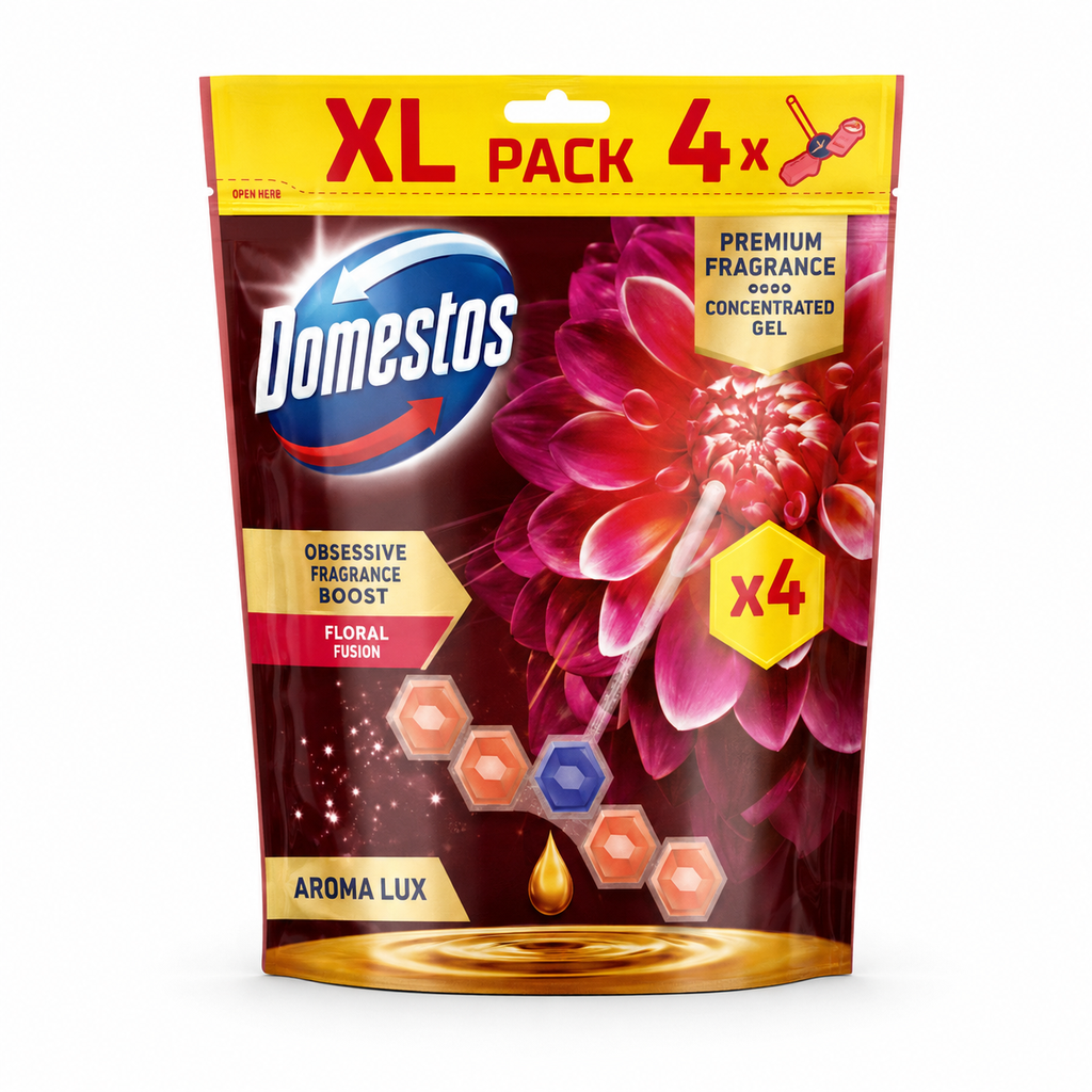 Domestos Aroma Lux Dahlia Wish WC-Duftspüler im XL-Pack mit 4 Stück und intensivem tropischen Blumenduft