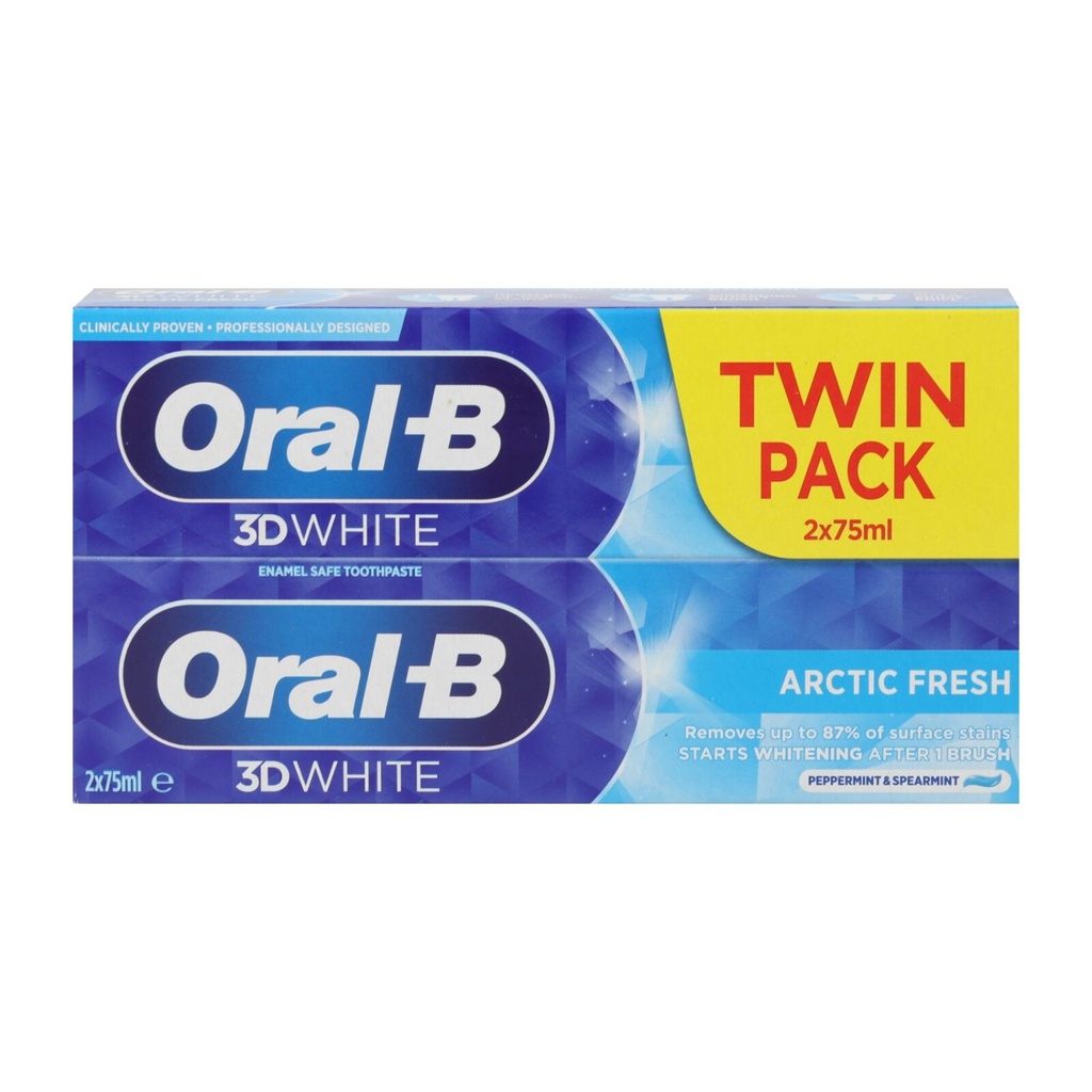 Oral-B 3D White Arctic Fresh Zahnpasta Doppelpack mit zwei Tuben zu je 75 ml in blau-gelber Verpackung