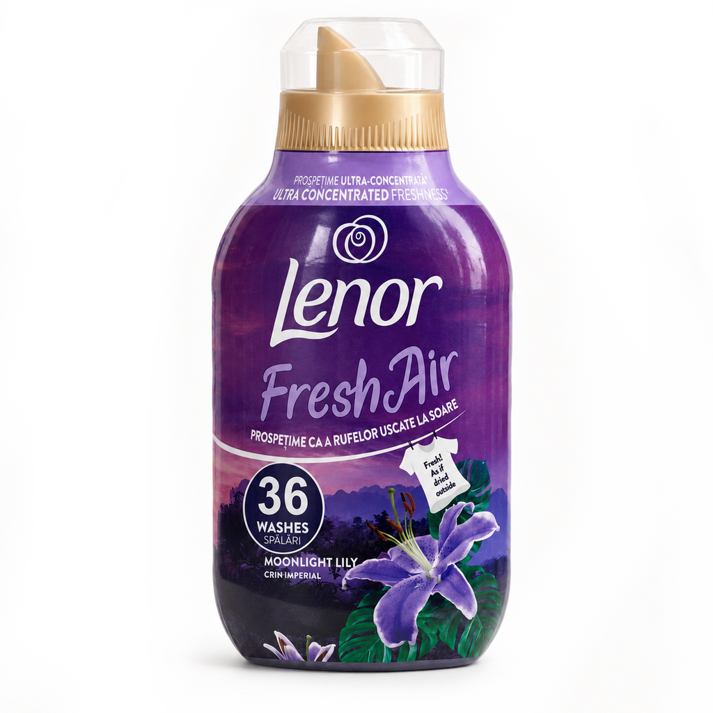 Lenor Fresh Air Moonlight Lily Weichspüler 504 ml für 36 Waschgänge in violetter Flasche mit Lilienblüte