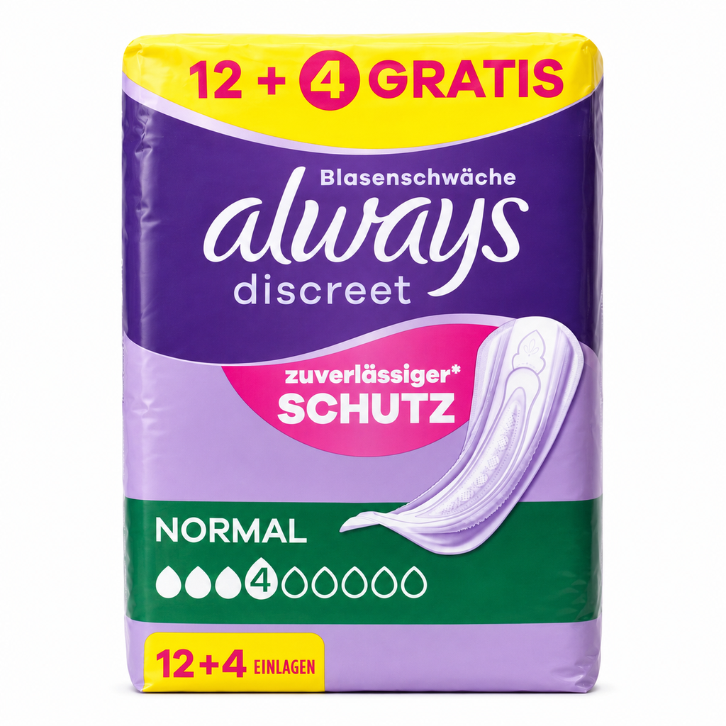 Always Discreet Normal Einlagen bei Blasenschwäche mit Saugstärke 4 im 12 + 4 Gratis Pack mit insgesamt 16 Stück