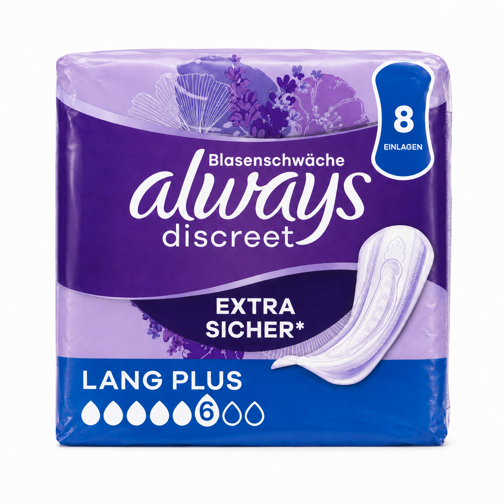 Always Discreet Long Plus Extra sicher Einlagen bei Blasenschwäche mit Saugstärke 6 in Packung mit 8 Stück