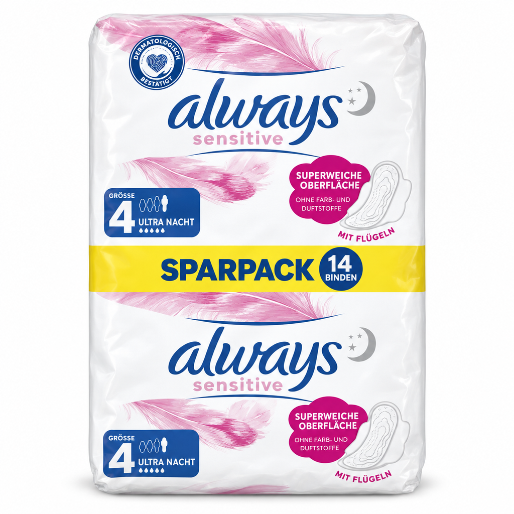 Always Sensitive Damenbinden Größe 4 Ultra Night mit 14 Stück, ultradünn und superweicher Oberfläche