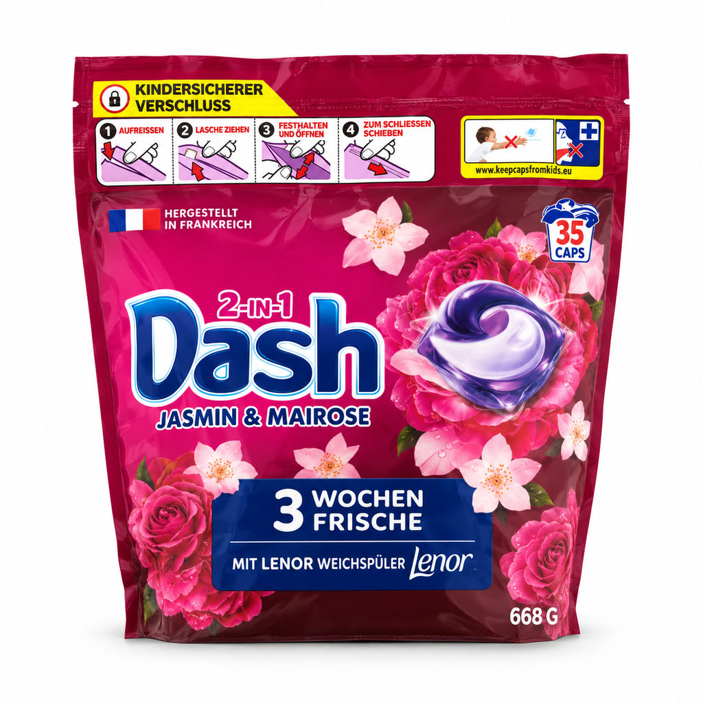 Dash 2-in-1 Waschmittel-Caps Jasmin & Mairose mit 35 Stück in pinker Verpackung