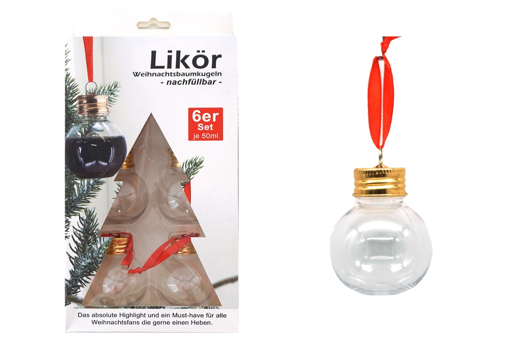 Likör Weihnachtskugel 6er Set, 50 ml, Kunststoff 