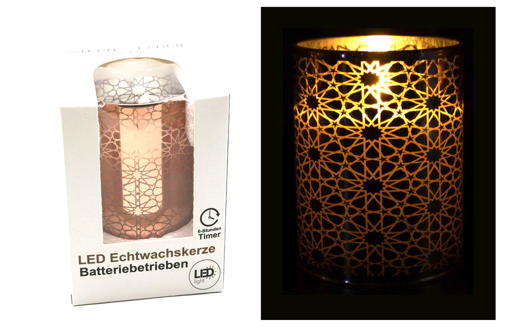 LED Echtwachskerze in Glas "3D Flamme" 7,5x12,5cm 6h Timer, Ornament, rose 