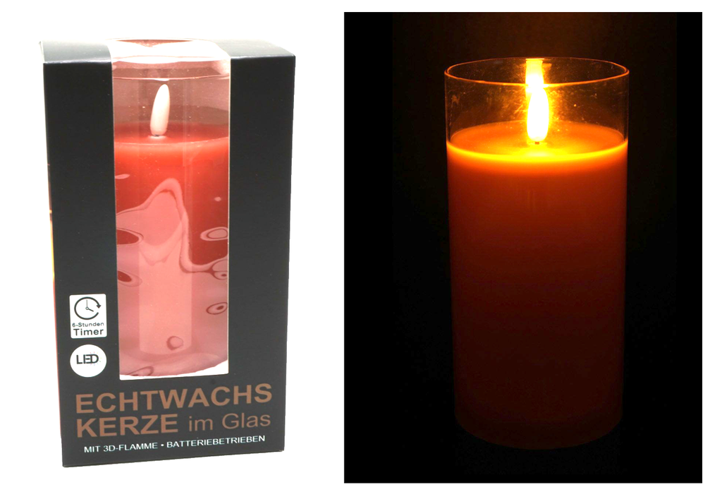 LED Echtwachskerze in Glas "3D Flamme" 7,5x15cm 6h Timer, rose, transp. Glas