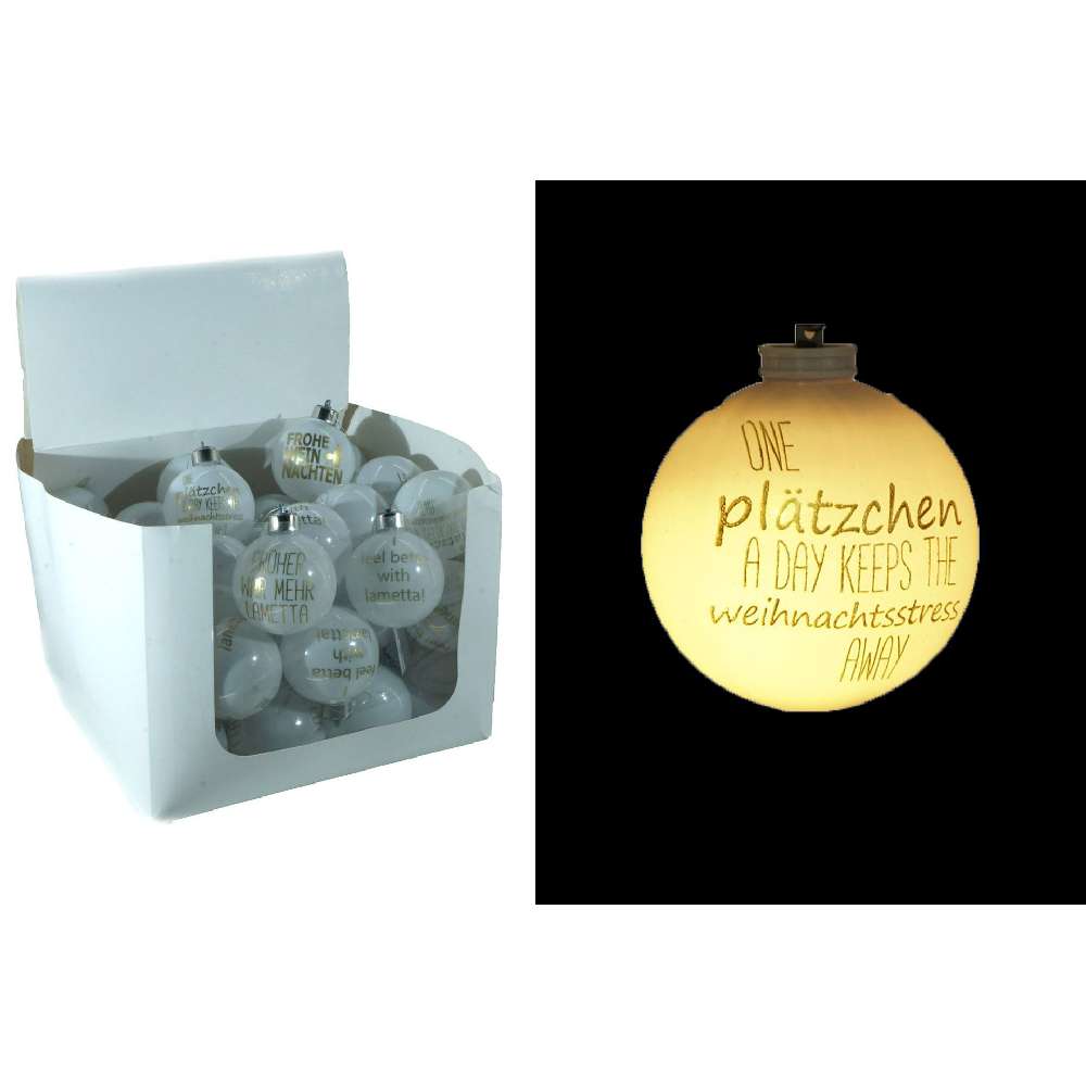 LED Weihnachtskugeln Kunststoff "Weiß mit Gold Spruch" 8cm