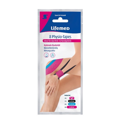 [7258] 8 "Lifemed" Physio-Tapes farbig sortiert "Knie- und Handgelenk" 4 Größen