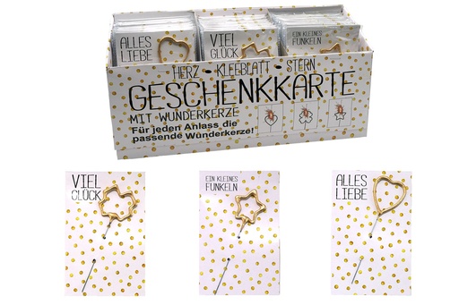 [15808] Wunderkerze/Geschenkkarte gold, 10cm, Herz/Kleeblatt/Stern