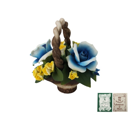 [P0000343] Capodimonte Porzellan Blumenkorb blau gelb 15x12cm