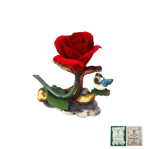 [P0000347] Capodimonte Porzellan Rose rot Vogerl 13x12cm