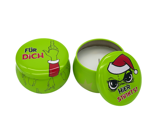 Duftkerze in Dose Festtags-Muffel 8 × 8 × 8 cm, 2 Designs | Lustige Anti-Weihnachten Kerze für Weihnachtsmuffel & Wichtelgeschenke