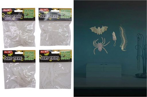 [P0002426] Halloween Deko Tiere "Glow in the Dark",4er Set, 8,2x5cm, 4 Designs