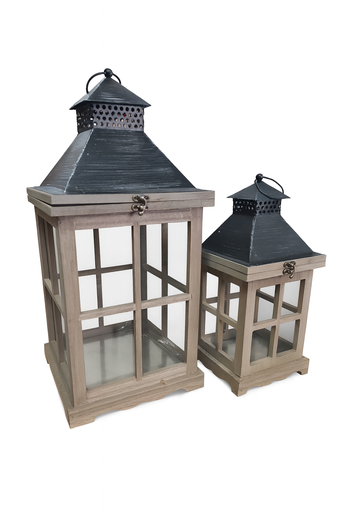 [P0002599] Weihnachts Laterne aus Holz 2er Set Landhaus- / Vintage-Stil.