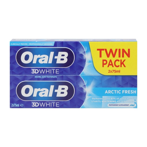 Oral-B 3D White Arctic Fresh Zahnpasta Doppelpack mit zwei Tuben zu je 75 ml in blau-gelber Verpackung