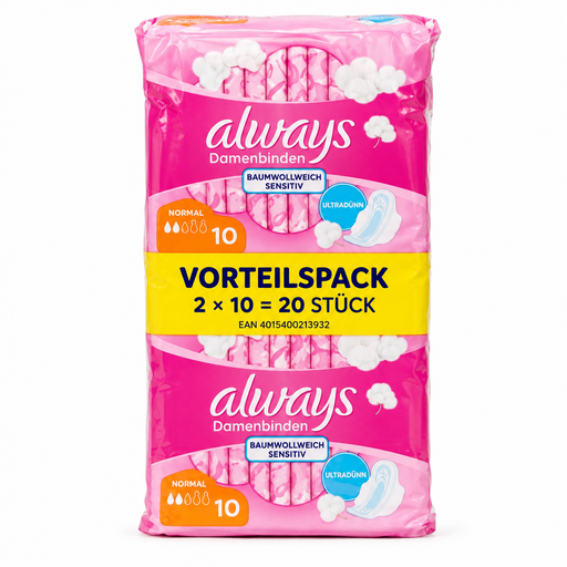Always Damenbinden Normal Ultra Dünn Sensitiv Baumwollweich im Vorteilspack mit 20 Stück