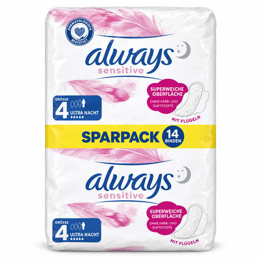 Always Sensitive Damenbinden Größe 4 Ultra Night mit 14 Stück, ultradünn und superweicher Oberfläche